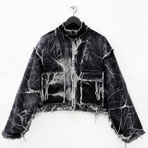 Veste en jean denim surdimensionnée à manches évasées à franges, à poche cargo, en denim délavé à l'acide, vintage, personnalisée, poids lourd - Product Image 3