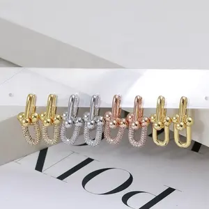 U Shaped Horseshoe Buckle Geometric Diamond Women CZ Stone Hoop 18k Gold Plated Zircon Earrings