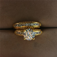 Ensemble de 2 bagues de mariage de luxe en zircon taille ronde, plaqué or 18 carats, avec bagues de fiançailles en laiton serties de zircons baguette, pour femmes, vente en gros