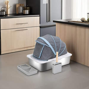 Bac à litière pour chat carré entièrement fermé en acier inoxydable de luxe, capacité 60x40x40cm, anti-fuite, anti-éclaboussures, anti-odeurs - Product Image 2