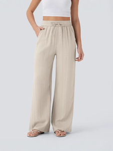 กางเกงขายาวทรงตรงเอวสูงสำหรับผู้หญิง มีเชือกผูก เอวสูง ระบายอากาศได้ดี เป็นมิตรกับสิ่งแวดล้อม ผ้าฝ้าย มีกระเป๋าข้าง ทรงหลวม ใส่สบาย เหมาะสำหรับไปเที่ยวชายหาด - Product Image 2