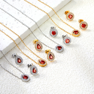 Conjunto de joyería de moda de estilo europeo americano, collar con pendientes geométricos ovalados y redondos de piedra roja, uso diario para mujer - Product Image 1
