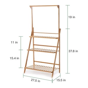 Bamboo 3 Tier Plant Stand <b>Foldable</b> Floor Standing With Hanging <b>Basket</b> For Indoor Outdoor Use - Product Image 2