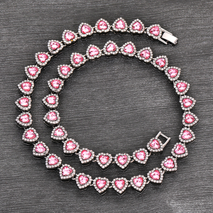 Collier chaîne à maillons en forme de cœur plaqué argent avec strass rouges, personnalisable en gros, unisexe, pour fêtes d'été, cadeaux de bijoux - Product Image 5
