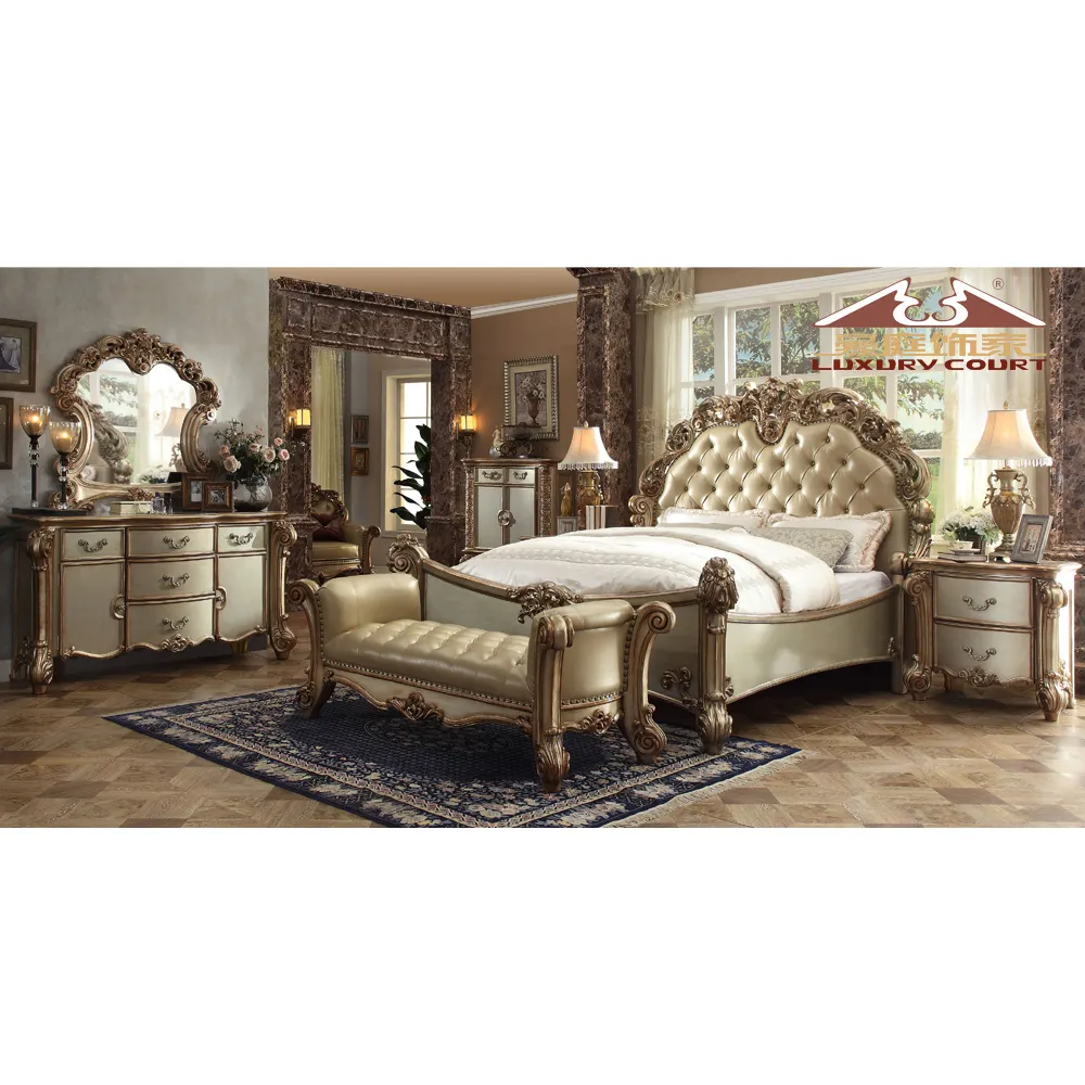 Longhao Furniture Luxury Wholesale Exclusive Egyptian Leather PU King Size Gold Bedroom Set Storage Chest Dressing Table Mirror