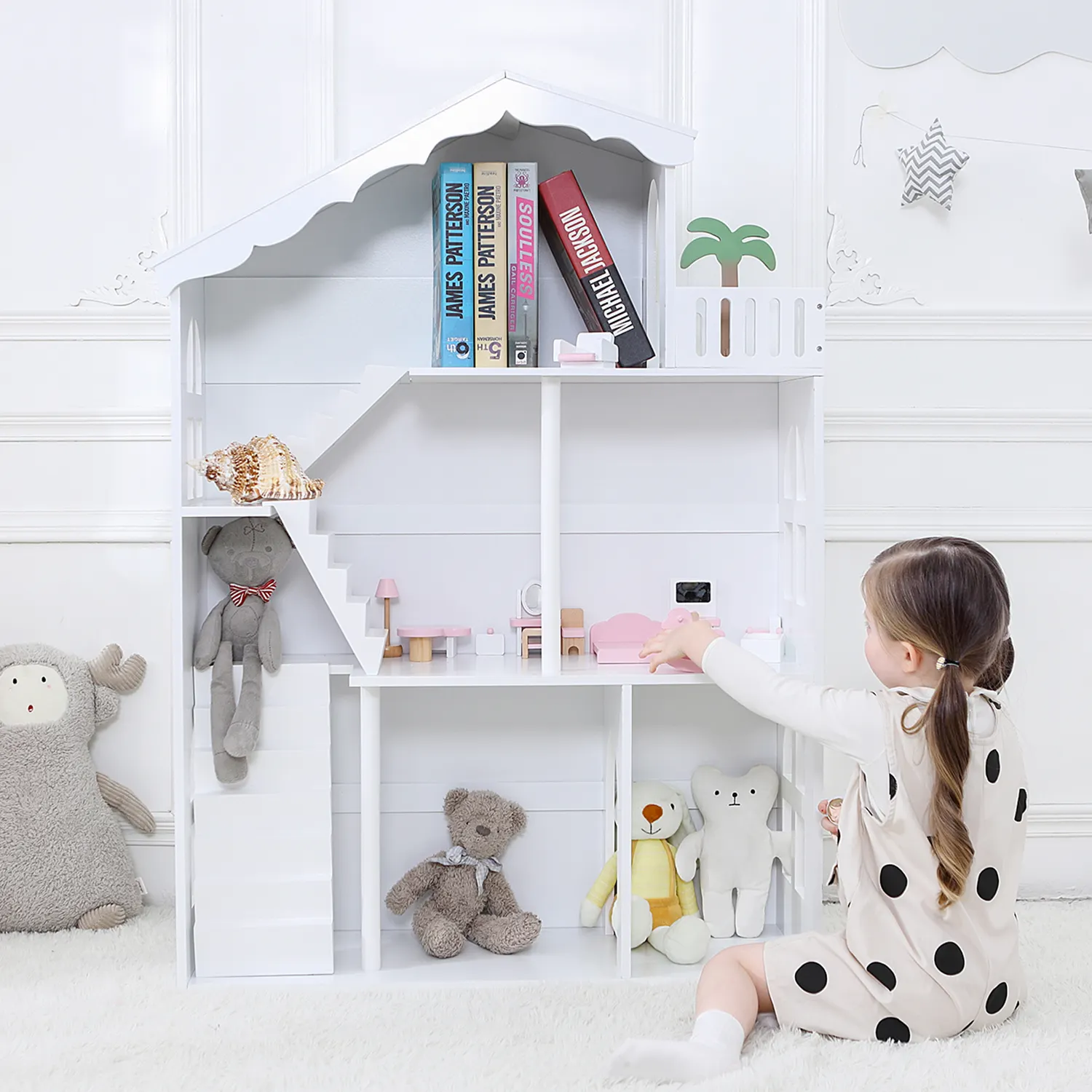 Fabricação por atacado casa de boneca branca três brinquedos de chão crianças boneca estante de livro à venda