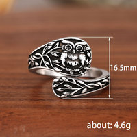 Bague ouverte réglable vintage en forme de hibou sur branche pour femme, 16 mm, laiton plaqué argent antique, style gothique, argent antique
