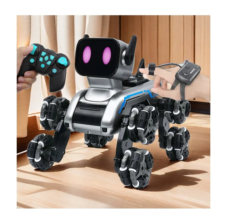 किड्स स्टेम रोबोट खिलौने 8 पहिया 2.4G रिमोट कंट्रोल डॉग म्यूजिक और लाइट ऑटो प्ले आरसी रोबोट स्मार्ट डॉग खिलौना घड़ी नियंत्रण के साथ