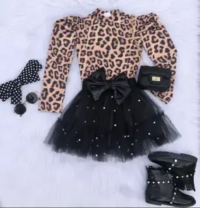 Set pakaian anak-anak motif macan tutul, setelan pakaian anak-anak, baju rok kain kasa mutiara, baju anak perempuan motif macan tutul