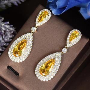 HIBRIDE luxe jaune zircon cubique boucles d'oreilles pendantes pour femmes cadeaux de mariage de mariée plaqué or fête cristal bijoux E-530 - Product Image 1