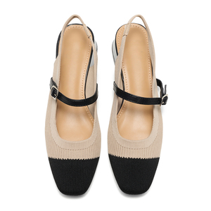 Женские босоножки на толстом квадратном каблуке с двухцветным вязаным узором, модель <span class=keywords><strong>2026</strong></span>, с V-образным вырезом, однотонные, универсальные, удобные, на каблуке, одинарные туфли - Product Image 4