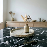 Plateau à thé minimaliste rond en marbre travertin pour salons modernes, tables basses et décoration d'hôtel.