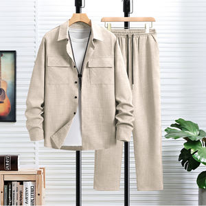 طقم رجالي قطعتين أنيق وعصري للمناسبات الكاجوال: بدلة أنيقة للموظفين بياقة مطوية، قميص بأكمام طويلة، وبنطلون كاجوال للرياضات الخارجية - Product Image 3