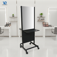 Nouvelle station de coiffure mobile noire avec miroir argenté, support pour sèche-cheveux et quatre roues verrouillables