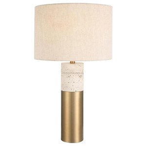 Tapered White Stone & Brass Modern <b>Tall</b> <b>Table</b> Lamp with Linen Shade | Minimalist Contemporary Lighting for Hotel Feature Space - Product Image 4