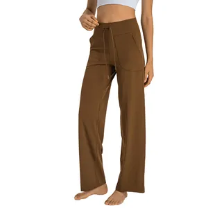 Luxury Fabric Ladies Pants High Waist Loose Wide Leg Trousers Yoga Sweatspant With Pockets