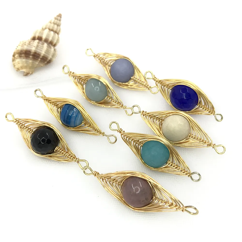 2022 New Arrival Round Stone Beads with Copper Wire Wrapped Connector, Handmade Brass Wired Agate Beads for Jewelry Making