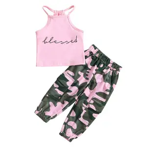Summer Little Kids Baby Girls Letter Printed Halter Neck Tops Camouflage Pants School Outfit Girl SZDG-010