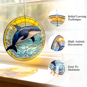 Custom Art Deco Animal Dolphin Sun Catcher Waterweed Stain Glass <b>Panel</b> <b>Window</b> for Home Decoration-Ocean Ornaments - Product Image 2