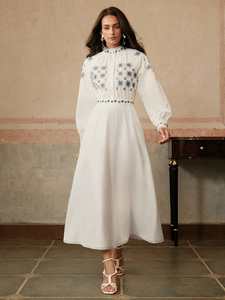 Embroidered Woven Machine Embroidery <b>White</b> Cotton Casual Short <b>Sleeve</b> High Collar Summer Long Length Ukrainian <b>Dress</b> Women 2025 - Product Image 4