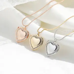 18K Gold Fotolijst Sieraden Sleutelbeen Keten Blanks Crystal Diamond Hart Hangend Medaillon Ketting Voor Valentijn Cadeau