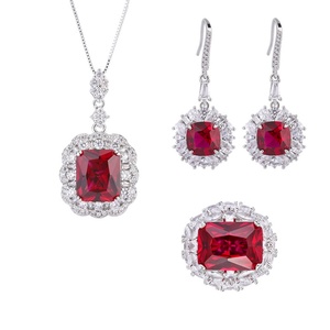 Fashion 12*16mm Red Zircon Minimalist Square Necklace <b>Earrings</b> Ring <b>Set</b> Eco-friendly Copper Geometric Jewelry <b>Set</b> - Product Image 1