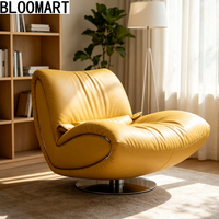 Fauteuil pivotant moderne en cuir véritable et tissu de lin, canapé individuel avec coussin lombaire en duvet, base rotative en acier inoxydable