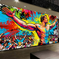 Grand papier peint mural Pop Art, motif culturiste musclé et éclaboussures arc-en-ciel, revêtement mural pour usage commercial et salle de sport