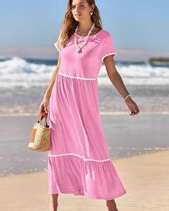 2025 nuevo diseño femenino suave suelto ajuste fluido escalonado manga corta vestido largo verano encaje ajuste cuello redondo vestido con bolsillos laterales. - Product Image 1