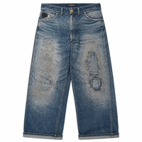 Jean ample d'hiver pour homme Custom Boro 14oz, bleu moyen, délavage vintage, coupe large, poches de charpentier, effet délavé, OEM