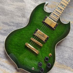 Chitarra Elettrica SG a <span class=keywords><strong>6</strong></span> Corde in Mogano Figurato Verde, Corpo Solido, Tasti e Pickup Humbucker per Pratica ed Esibizioni - Product Image 2