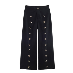 Pantalon ample à jambes larges pour femme, couleur unie, découpes et œillets, modèle 2026, style vintage, OEM/ODM par usine chinoise - Product Image 1