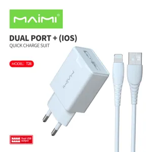 Maimi T28 Kit Perjalanan EU 2,4 A, Adaptor Pengisi Daya Cepat Port Ganda dengan Kabel 1M untuk iPhone