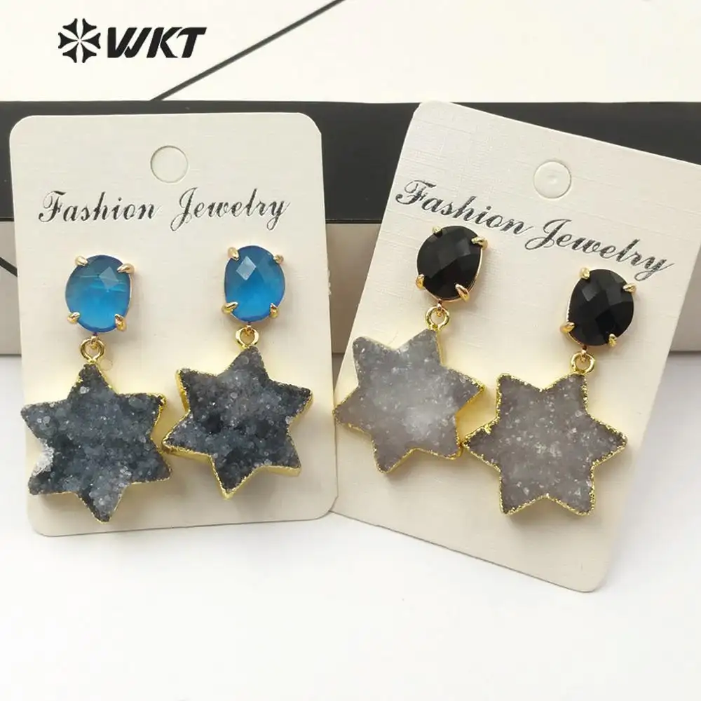 WT-E567 Anting Bintang Indah Wanita Perhiasan Alami Druzy Kuarsa Anting Bintang Tiga Gaya Dapat Dipilih Dalam Stok