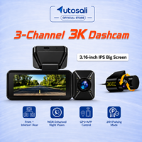 Autosali V5 Caméra embarquée 3 pouces IPS à écran tactile, 3 caméras 3K, GPS, WiFi, G-Sensor, WDR, contrôle par application, carte TF, vision nocturne, moniteur de stationnement