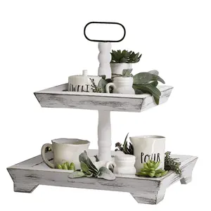 Custom Rutic 2 Tiered Tray Stand Wood Decoration Tier Serving Tray For Farmhouse Kitchen Room Decor