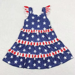 Vestidos al por mayor para niñas, para el 4 de julio, estilo boutique, con estampado de bandera estadounidense, estrellas y rayas, sin mangas, con volantes. - Product Image 2