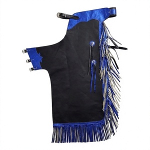 เสื้อกั๊กหนังสีดำน้ำเงินเมทัลลิกแบบไม่มีแขน ยี่ห้อ Western Rodeo Chaps แต่งพู่ห้อยสองสี เหมาะสำหรับขี่วัวและงานแสดงโชว์ ใช้ได้ทั้งผู้ชายและผู้หญิง - Product Image 1