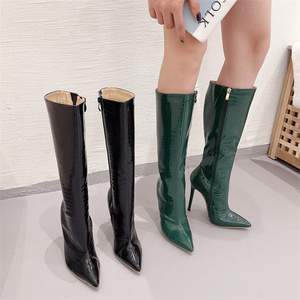 Bottines pour femme en cuir verni vert, bout pointu, talons aiguilles, fermeture éclair, chaussures tendance, taille 42 - Product Image 6
