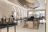 Solution complète pour bijouterie : Vitrine de luxe personnalisée avec éclairage LED et design intérieur de magasin éco-responsable