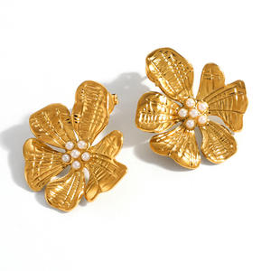 Flower <b>Stud</b> Earrings 18k Gold Plated <b>Titanium</b> Steel Party Jewelry - Product Image 5
