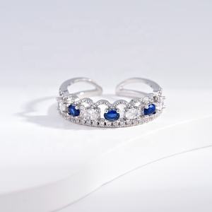 Anillo de plata de ley S925 al por mayor con piedra azul, circonita, ajustable, para mujer, a la moda, apilable, con zafiro. - Product Image 3
