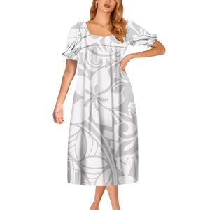 Neueste Design Puff Ärmel Tapa Print Mode Hawaii Custom Damen Mumu Kleid Polynesisch Samoan Vintage White Island Prom Kleid - Product Image 2