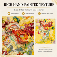 Peinture à l'huile abstraite jaune citron, bouquet de roses cramoisies, technique impasto au couteau, peinte à la main sur toile, décoration murale texturée