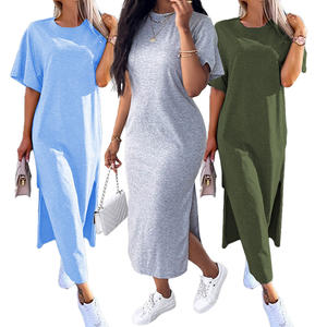 2025 nouveau décontracté Maxi <span class=keywords><strong>robe</strong></span> longue t-shirts vêtements de détente longue <span class=keywords><strong>robe</strong></span> été Sexy fendu solide T-<span class=keywords><strong>shirt</strong></span> robes - Product Image 1