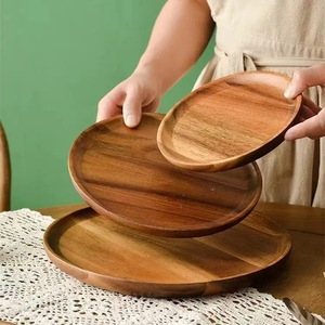 Acacia Wood Round <b>Tray</b> Solid Wood Coffee Tea Serving Plate Household <b>Snack</b> Tableware - Product Image 1