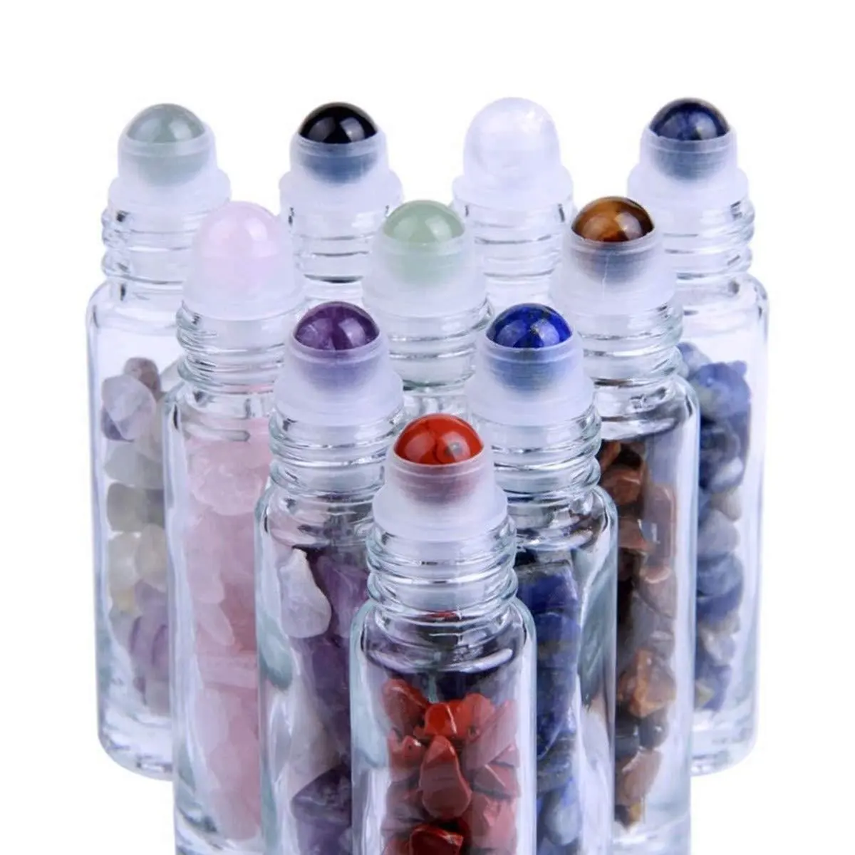 10ml Glass Roller Bottles with Decorative Tops Mini Tumbled Crystals Chips Inside natural gemstone rollers Gemstone Roller Balls