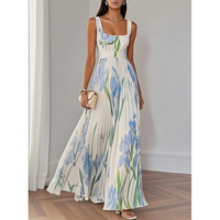 Robe longue d'été sans manches plissée à grand ourlet, col carré, imprimé floral, style européen, décontractée pour femme