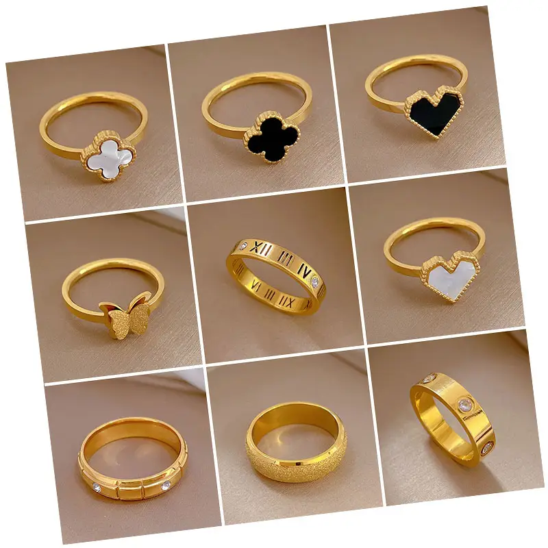 Amour trèfle à quatre feuilles tendance anneaux 18k plaqué or bague réglable en acier inoxydable pour les femmes