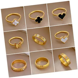 Amour trèfle à quatre feuilles tendance anneaux 18k plaqué or bague réglable en acier inoxydable pour les femmes